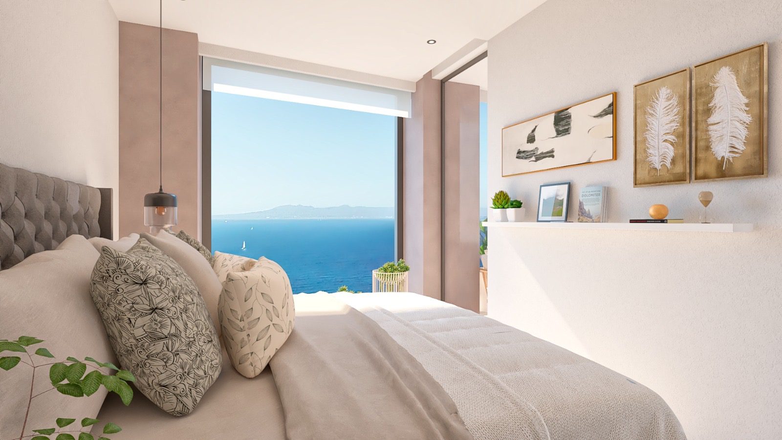Cozy bedroom with ocean view through large window.
