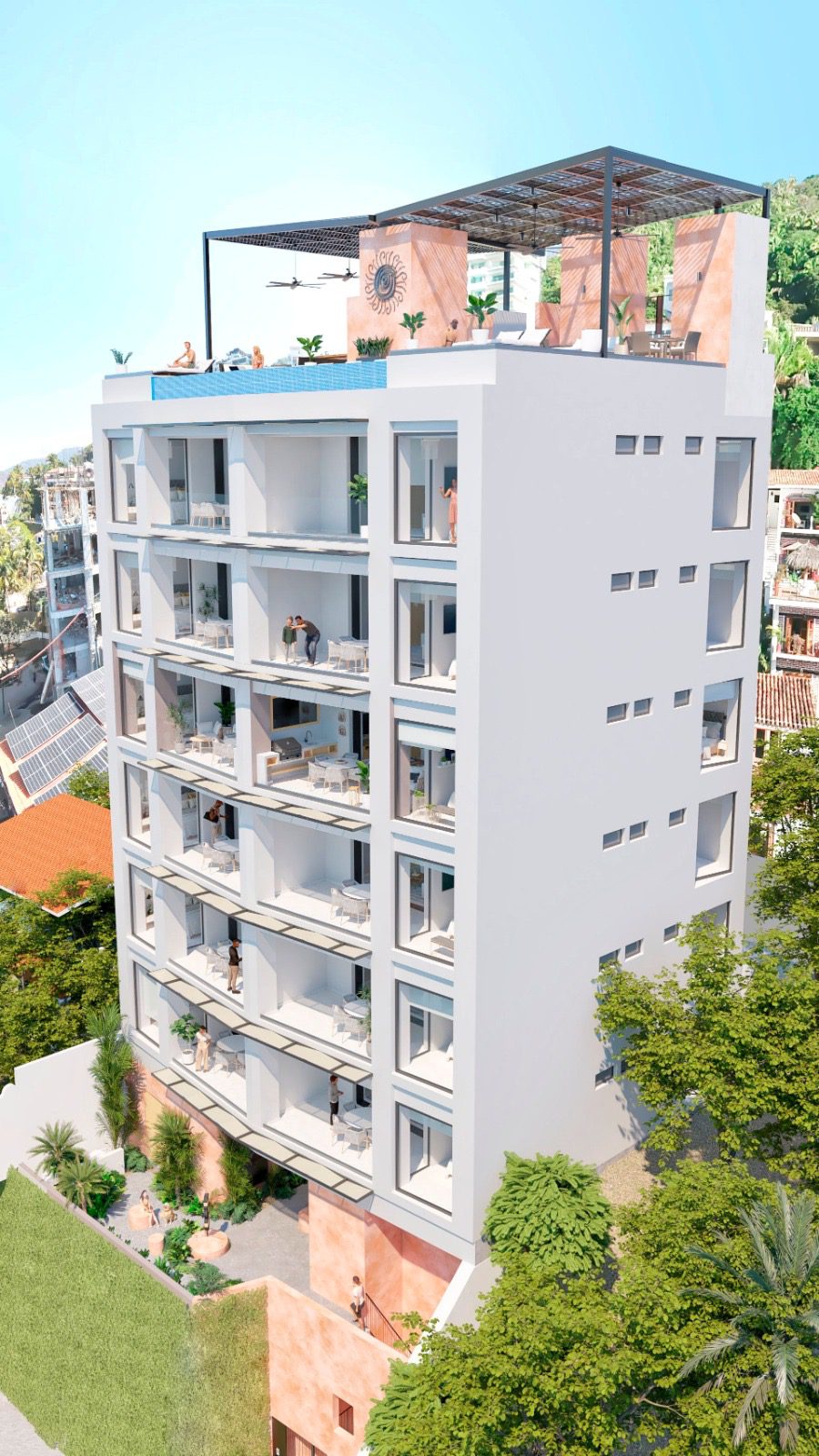 Modern multi-story apartment building with balconies surrounded by greenery.