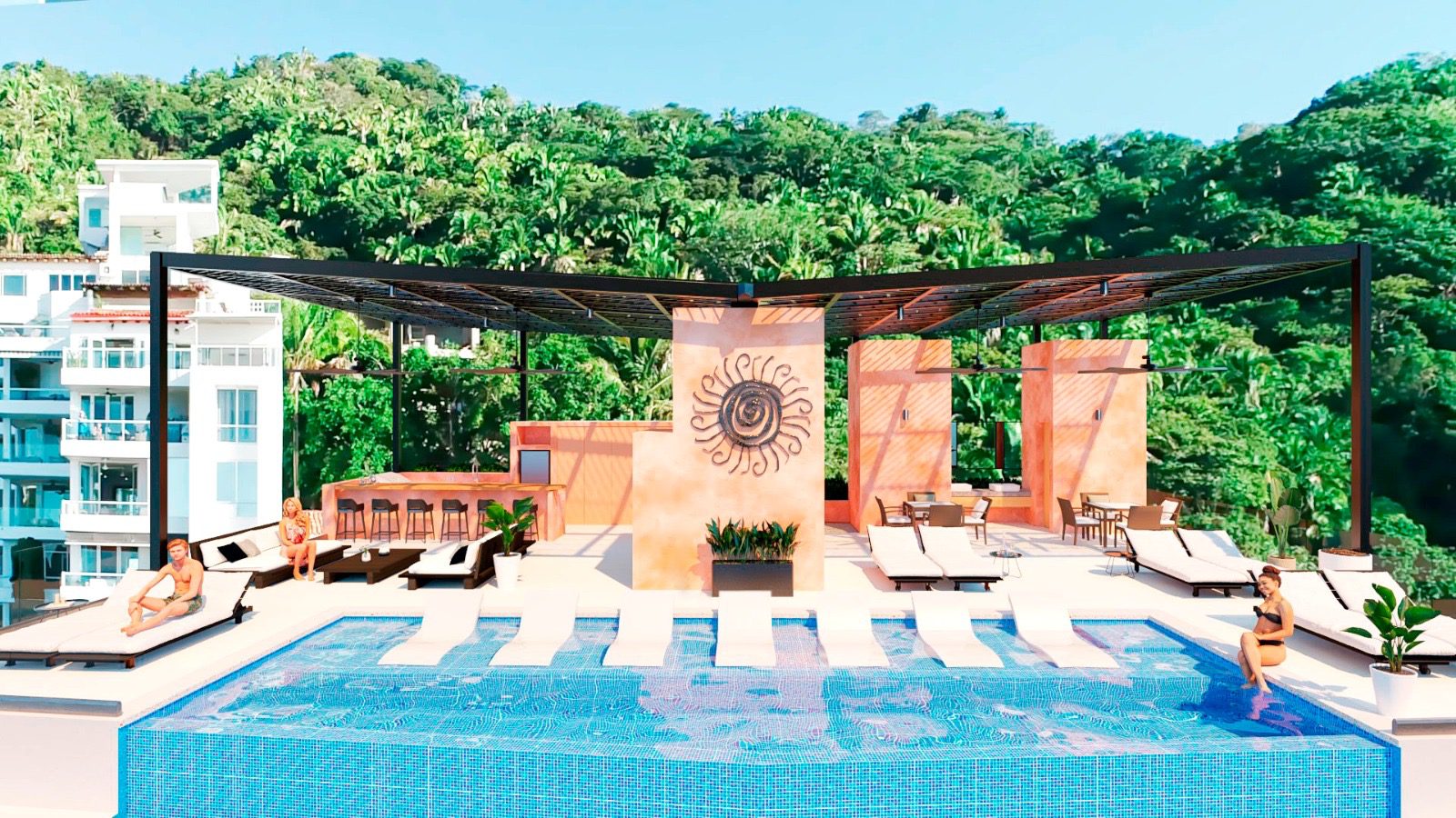 Sunny outdoor pool area with lounge chairs and lush greenery.